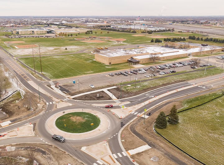 Bird's eye view of completed roundabout project in Monticello, MN.