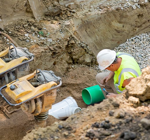 A construction worker in a hard hat and safety vest installs green PVC pipes in a trench, surrounded by dirt, rocks, and machinery at an excavation site.