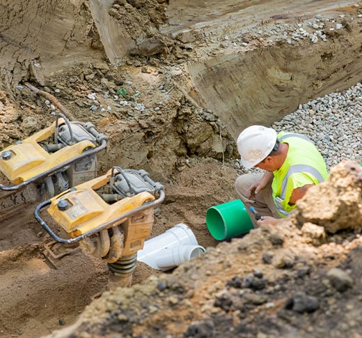 A construction worker wearing a white hard hat and yellow safety vest kneels in a trench, installing green and white pipes in the dirt near heavy machinery and gravel.