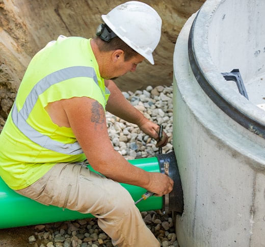 A construction worker in a hard hat and yellow safety vest installs a green plastic pipe into a large concrete structure surrounded by gravel at a worksite.