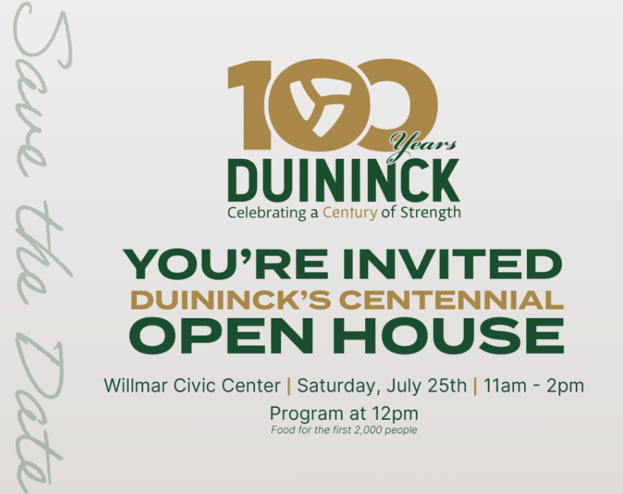 Duininck's centennial open house invitation for July 25th event.